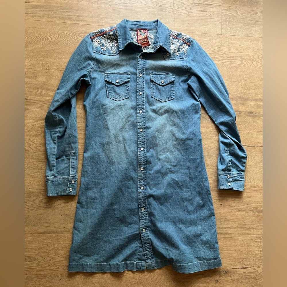 Johnny Was Light Denim Shirt with Embroidered Yoke